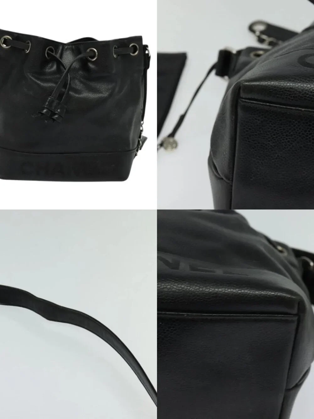 CHANEL Shoulder Bag Grained Calf Skin Black Silver CC Auth BA125